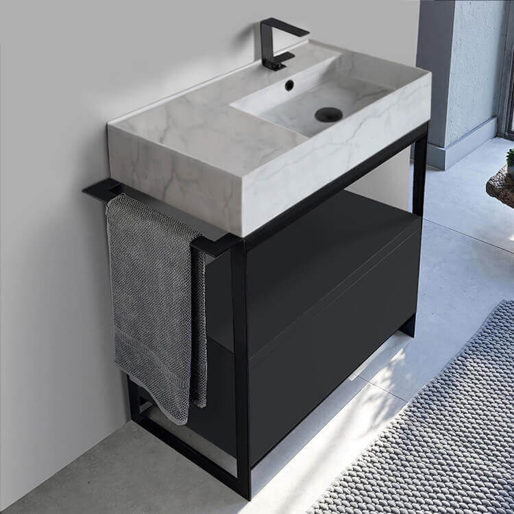 Scarabeo 5118-F-SOL1-49-One Hole Console Sink Vanity With Marble Design Ceramic Sink and Matte Black Drawer